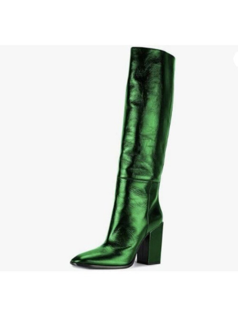 FSJ Women Knee High Stretch Long Boots Round Toe Block Chunky Heel Boots Green
